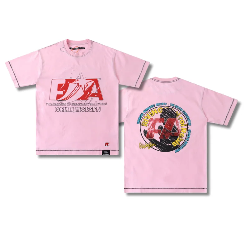 

RRR123 Pink T Shirt High Street Men Woman Vintage Washed Round Neck Tee Oversized