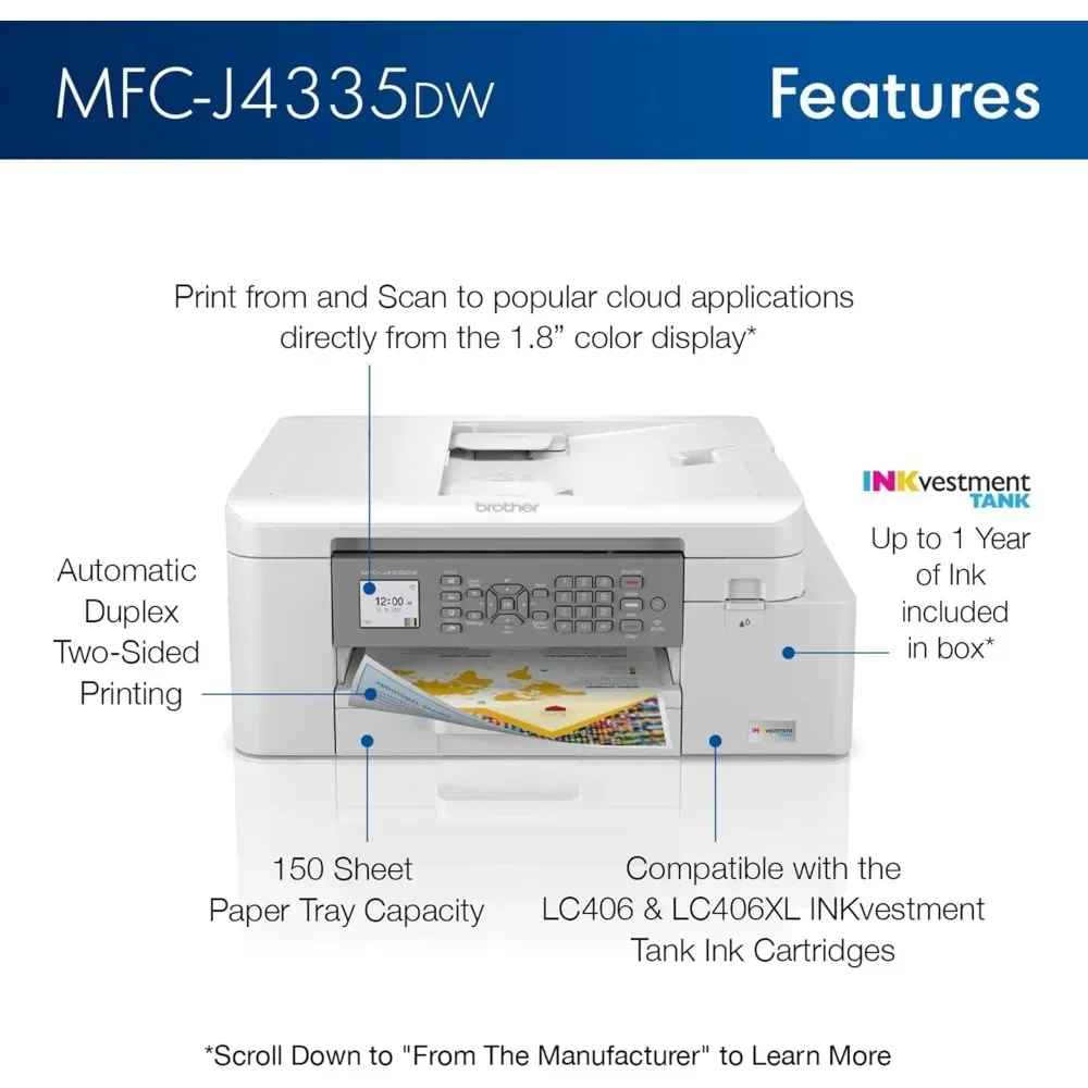 Imprimante tout-en-un MFC-J4335DW INKvestment avec impression duplex et sans fil, plus jusqu'à 1 an d'encre dans la boîte