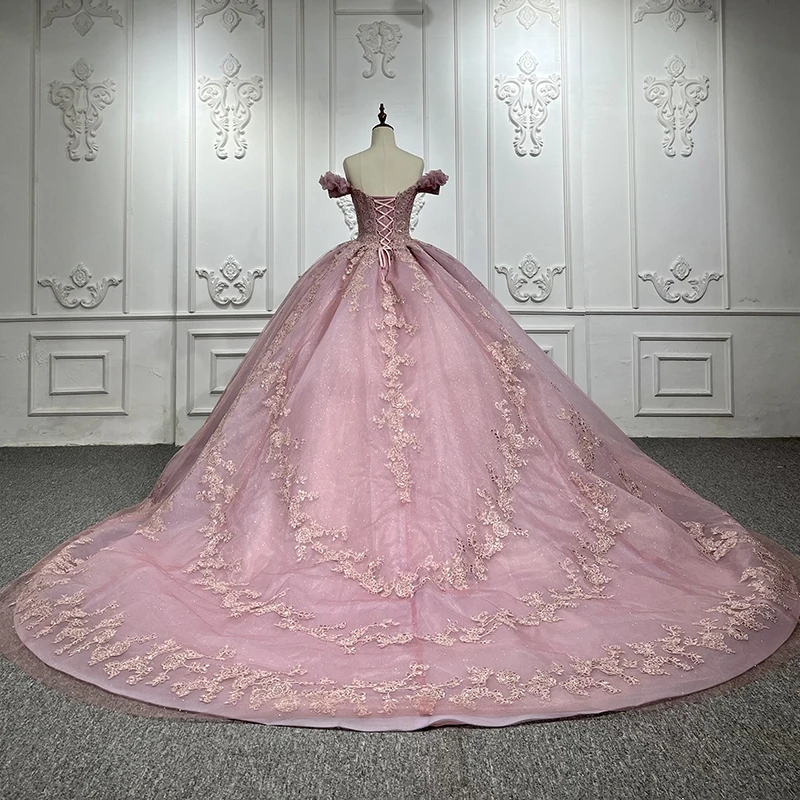 Rosa glitzernde Quince anera Kleider von der Schulter Applikation Spitze Perlen Vestidos de 15 Anos Geburtstags feier Prinzessin süß 16 dres