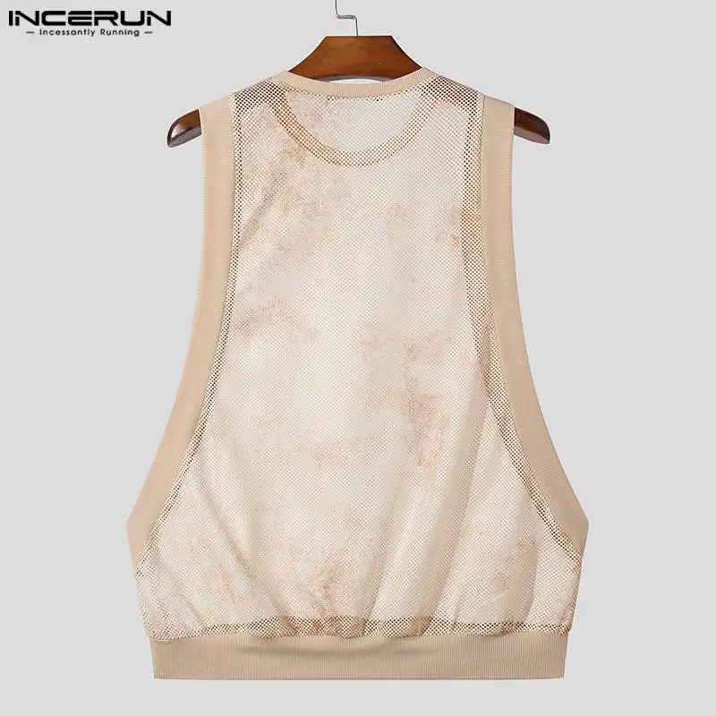 Men Tank Tops Mesh Patchwork O-neck Sleeveless Summer Male Vests Streetwear Sexy Transparent 2024 Fashion Men Clothing INCERUN