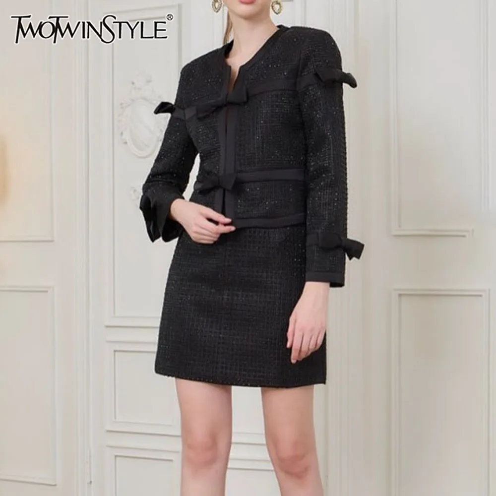 

TWOTWINSTYLE Solid Spliced Hot Fix Two Piece Sets for Women Round Neck Long Sleeves Patchwork Bowknot Top Mini Skirt Set Female