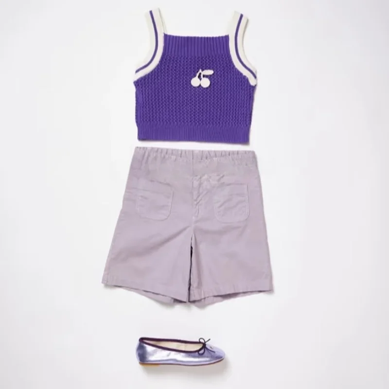 2026 BP Spring and Summer Girls Purple Camisole Knitted Vest Kids Sweaters for Girls Cherry Children's Clothing Mother & Kids