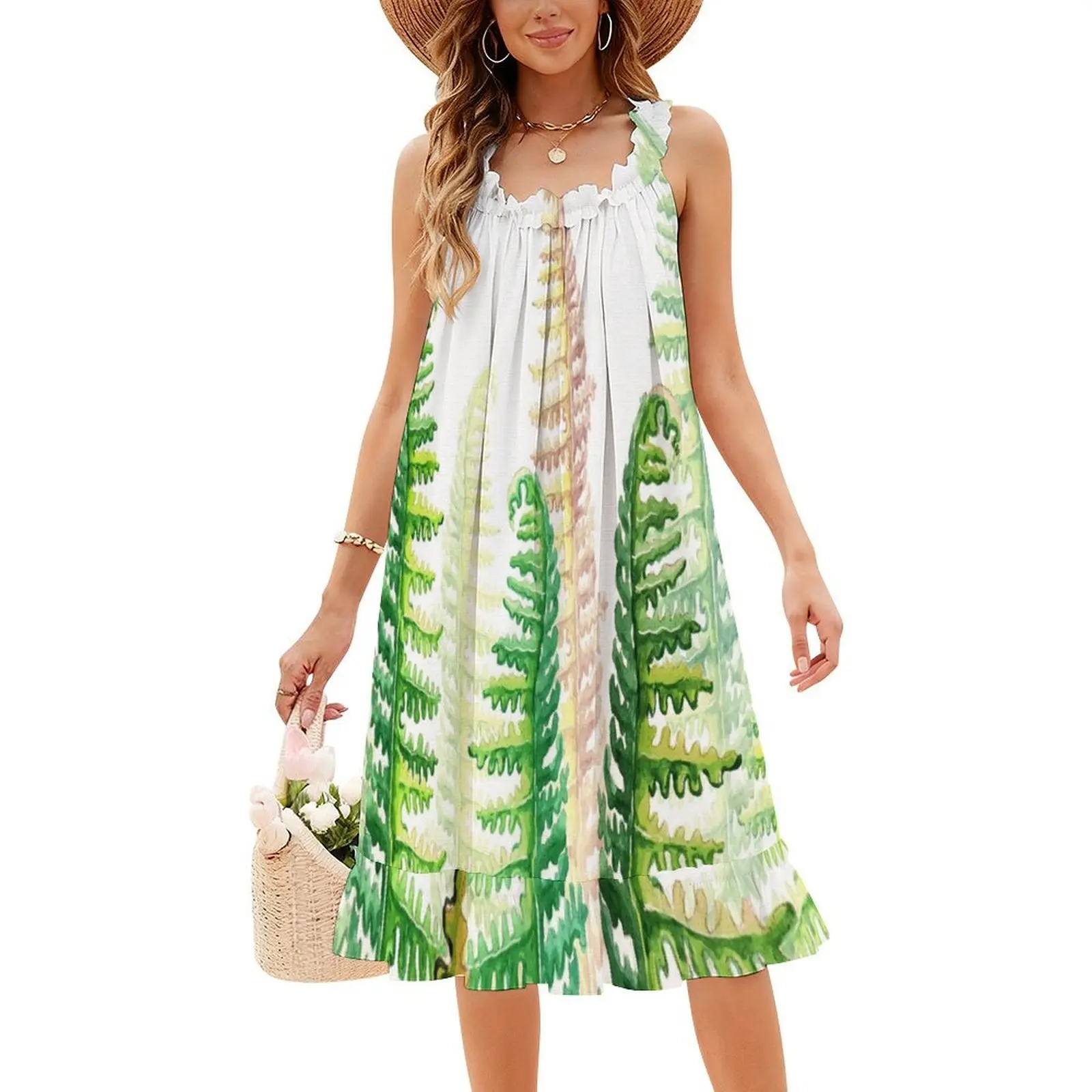 فستان Green Ferns للسيدات هيب هوب ملابس الشارع مطبوع عليه رسومات جرافيكية للحفلات والنوادي بألوان مائية طبيعية لفستانها الأخضر