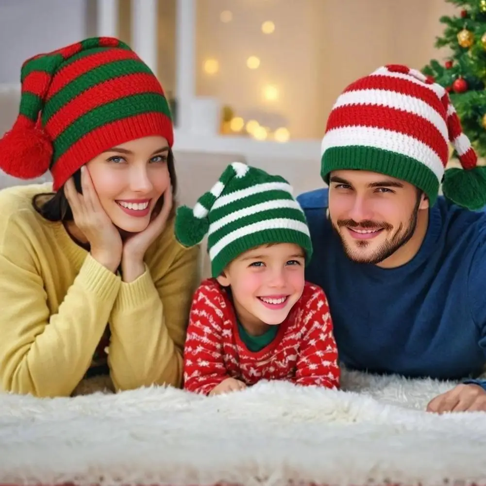 Adult Kids Knitted Christmas Hats Women Men Boy Girl Red Green White Stripe Parent-Child Pompom Hat Merry Christmas Gifts