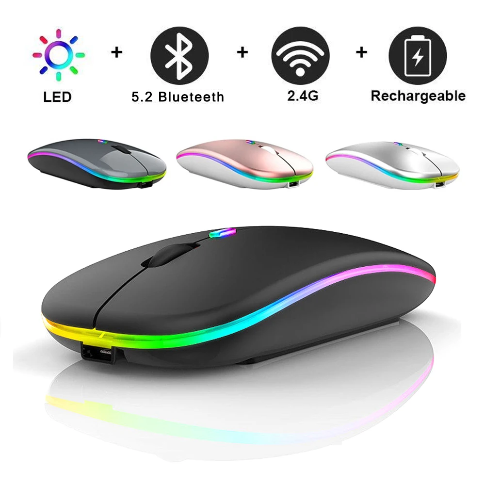 

Blueteeth 5.2 Wireless Mouse with 2.4GHz USB RGB 1600DPI Mini Mouse Rechargeable Battery For MacBook Tablet Computer Laptop PC