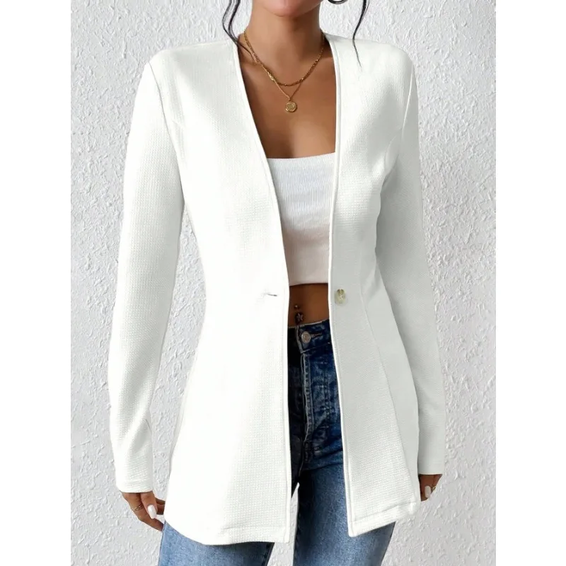 New Korean Style Fashionable V-neck One-button Solid Color Long-sleeved Blazer