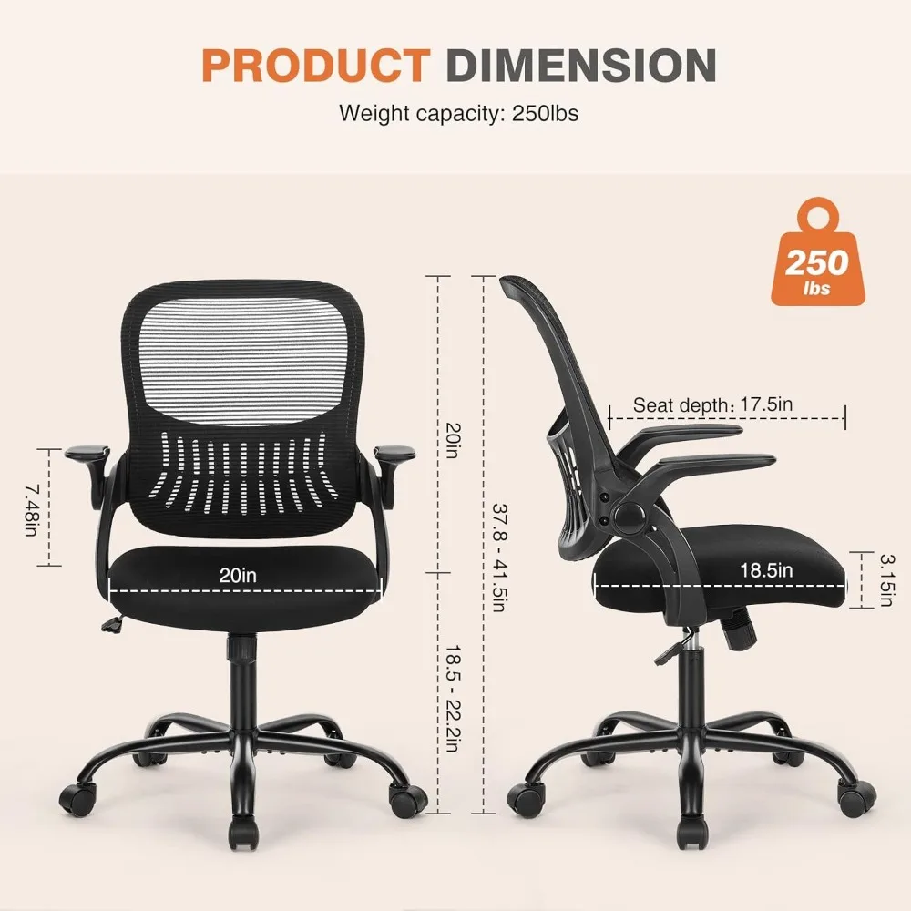 Ergonomic Mesh Office Chair with Lumbar Support, Flip-up Arms, Adjustable Height and Smooth Casters for Home Office