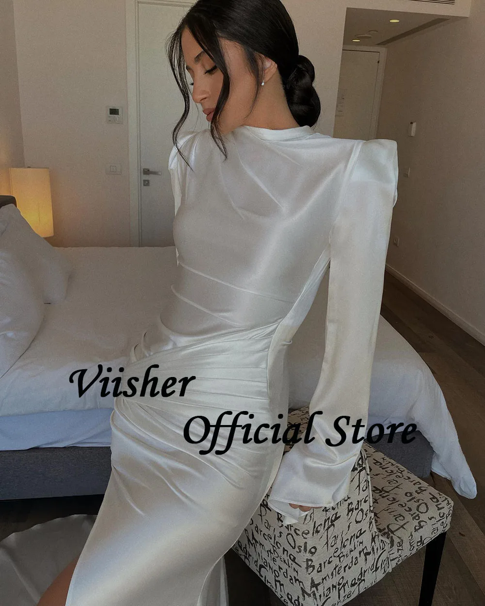 Viisher-Vestidos de Noiva Manga Longa Feminina, Plissados Cetim, Divisão Lateral, Vestido de Noiva Sexy, Até o Chão, Vestido de Casamento, Vestidos Sereia Branca