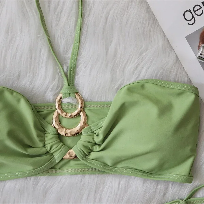 ملابس السباحة المعدنية الملحقات بيكيني مجوف بلون حمالة التعادل ملابس السباحة النسائية #4