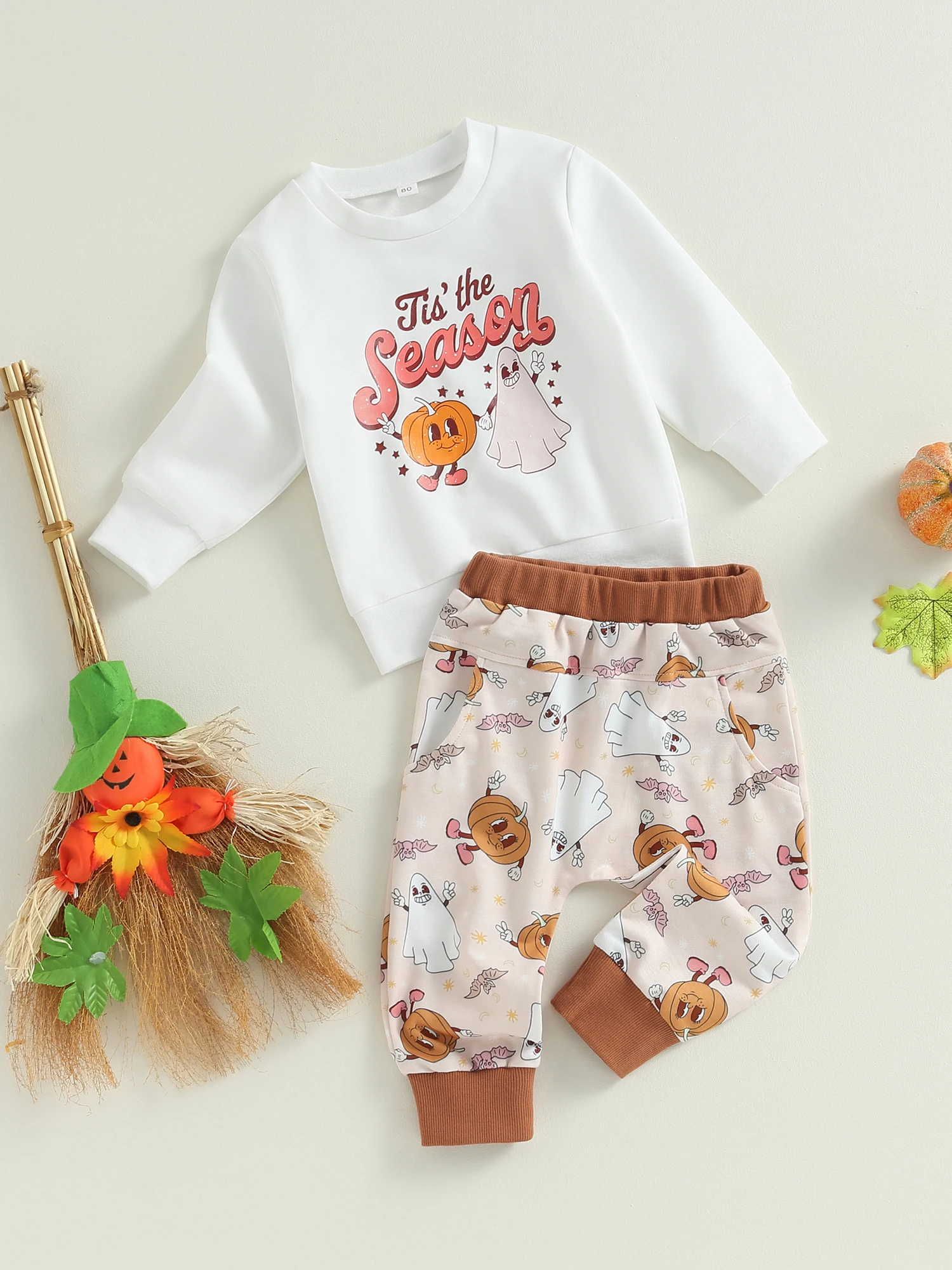 

Adorable Halloween Outfit for Newborns Ghost and Pumpkin Print Sweatshirt with Elastic Pants - Perfect Costume for Baby Boys