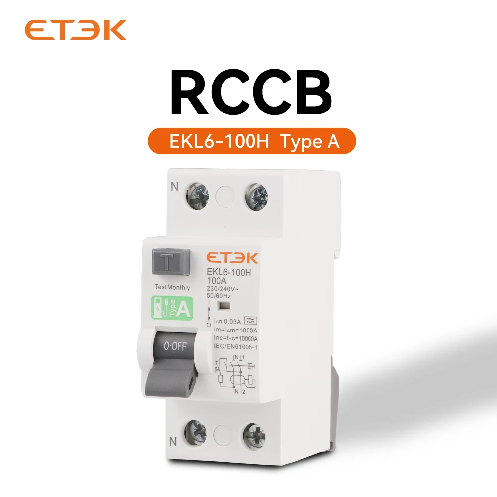 ETEK RCD RCCB Type A Electromechanic Residual Current Circuit Breaker AC 2P 2Pole 10KA 25A 40A 63A 80A 100A 230V 30ma EKL6-100H