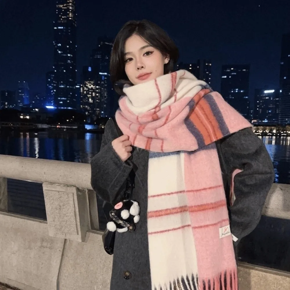 Cozy Soft Faux Cashmere Scarf Classic Tassels Thickened Blanket Scarf Color-Block Plaid Design Warm Stripe Shawl Cold-Weather
