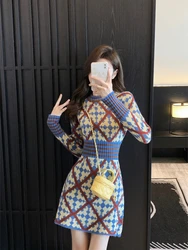 Short Crochet Dresses for Women Retro Bodycon Extreme Mini Plaid Woman Knitted Dress Elegant Luxury Autumn and Winter Pretty Xxl