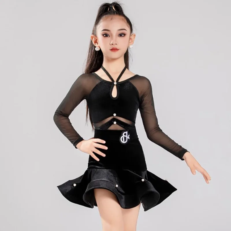 

Костюм для латинских танцев для девочек, бархатное сетчатое боди с длинными рукавами, юбки, детская танцевальная одежда, тренировочный костюм для соревнований