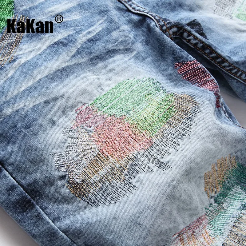 Kakan - New Colorful Embroidered Random Thread Broken Hole Jeans for Men, Personalized Small Leg Pants K19-8841