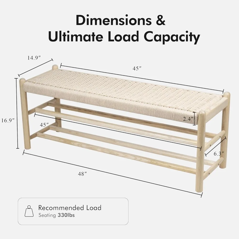 مقعد مدخل من خشب البلوط الريفي مع مساحة تخزين للأحذية المنسوجة، بطول 45 بوصة لغرف المعيشة وغرفة الطعام #2