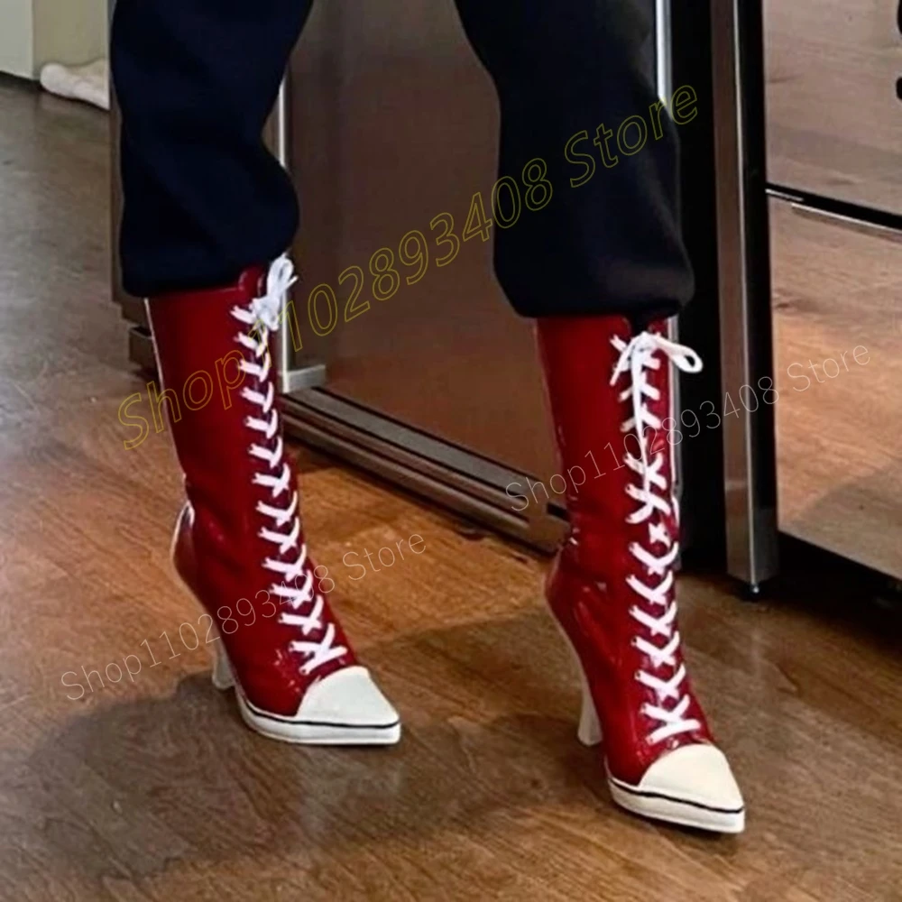 

Sports Style Pointed Toe Cross Tied Mid Calf Boots Red Pointed Toe Fashion Sexy Outside Women Shoes 2024 Zapatos Para Mujere