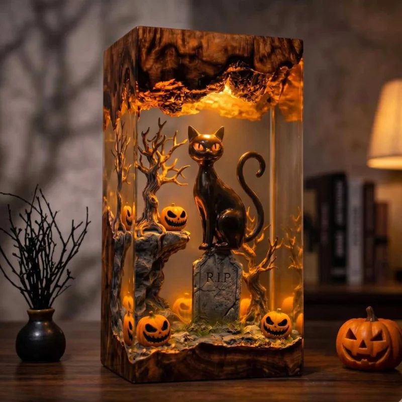 13cm LED Night Light Black Cat Pumpkin Table Lamp Halloween Gothic Resin Desk Room Decoration Spooky Haunted Home Gift