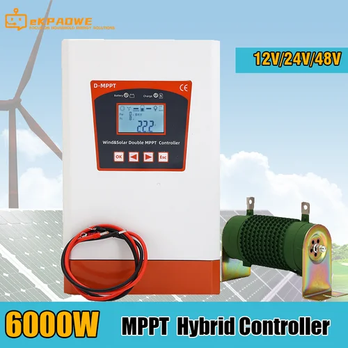 이중 MPPT 충전 컨트롤러 태양열 및 풍력 하이브리드 시스템 6000w 12v 24v 및 24v 48v 자동 레귤레이터 가정용 풍력 터빈 발전기