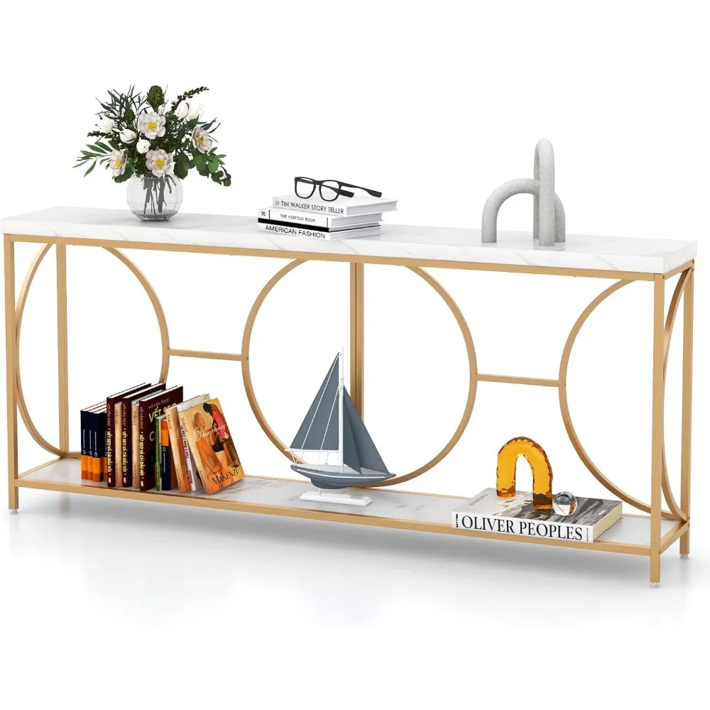 

Giantex 71 Console Table, 2-Tier Extra-Long Gold Entryway Table w/Storage Shelf, Faux Marble Top, Narrow Sofa Table with Geometr