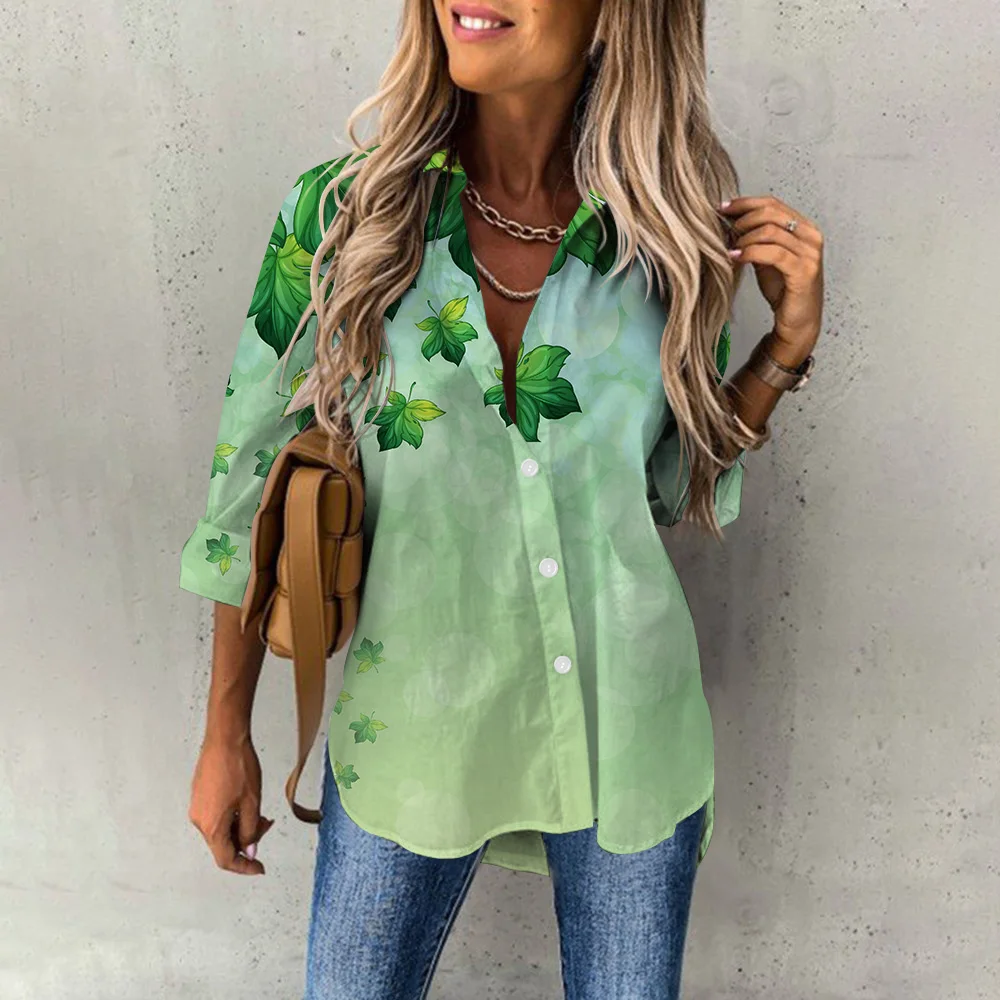 2024 Elegant Women Shirts & Blouses Button Lapel Blouses Shirts Vintage Harajuku Green Leaf Printed Long Sleeve Shirt Top Spring