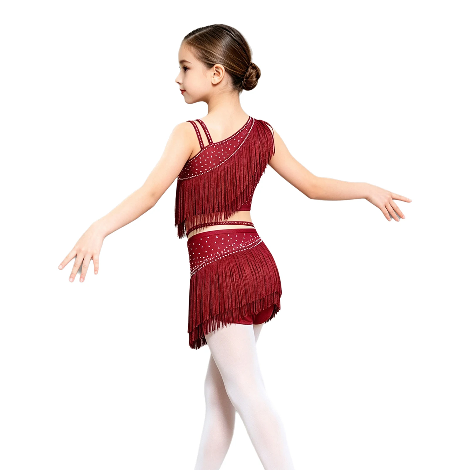 Girls Tassels Latin Tango Salsa Dance Outfit Shiny Rhinestone One Shoulder Crop Top with Leotard Skirt Ballroom Rumba Dancewear
