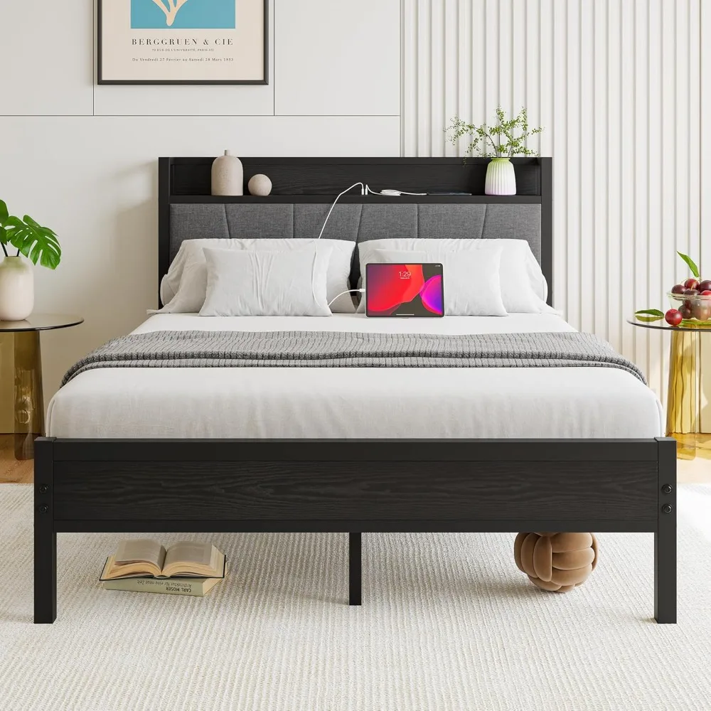 

Black Full Size Bed Frame with Storage Headboard,Metal Upholstered Platform Double Bed Frame Full Size with Charging Stat