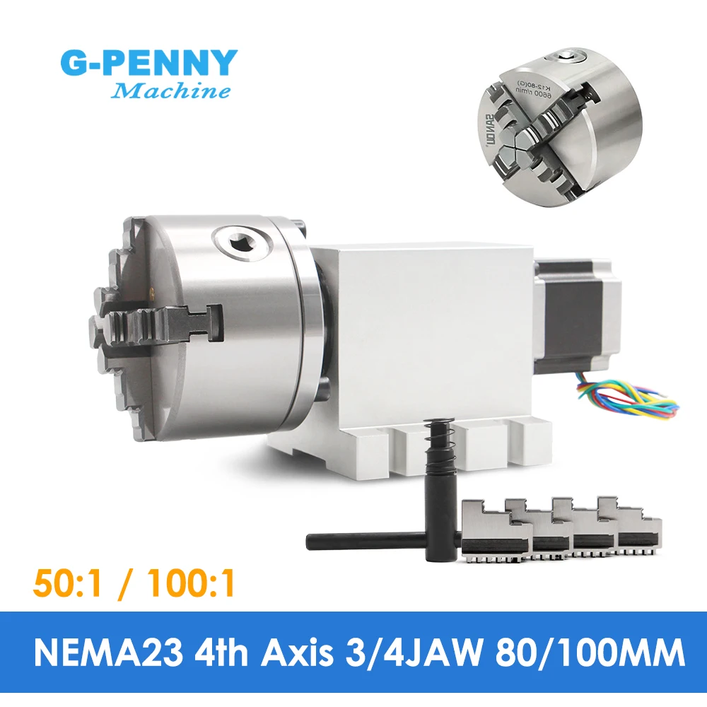 

G-Penny Harmonic 80/100mm 4th Axis 3/4Jaw /Dividing Head/Rotation Axis/A axis Nema23 0 Backlash For Woodworking Machine