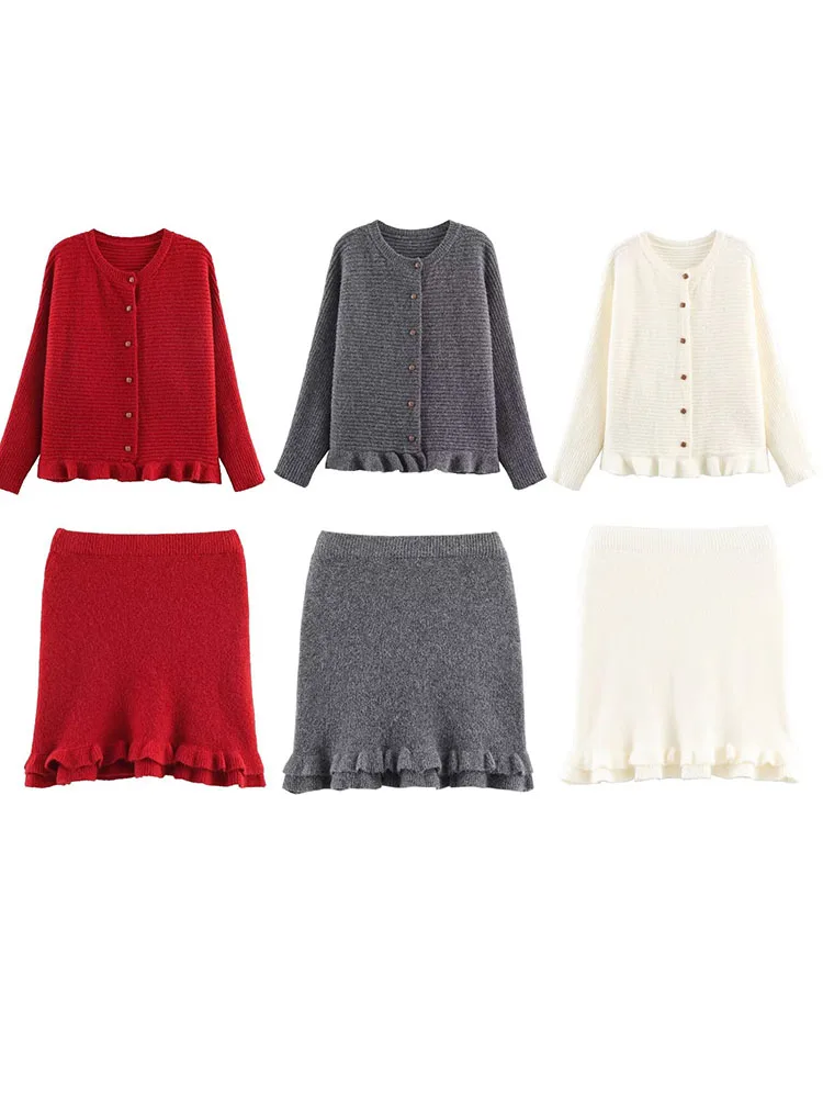 

HH Women's New Fashion Versatile Round Neck Solid Single-Breasted Knitted Cardigan+Elastic Waist Hem Wavy Mini Skirt Suit Mujer