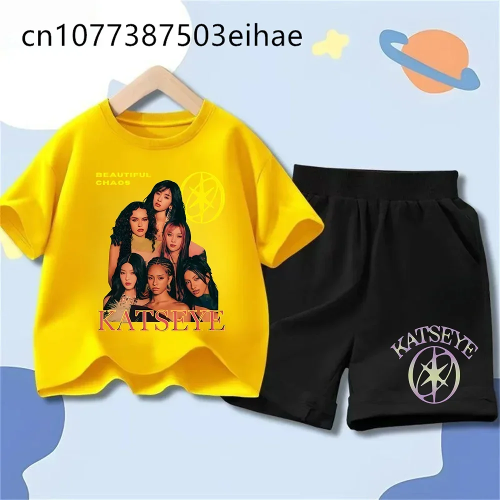 Katseye Girl Group Printed T-shirts Children's Clothing Girls Boys Summer Round Neck Short Sleeve Tshirt+shorts Set Casual Tee