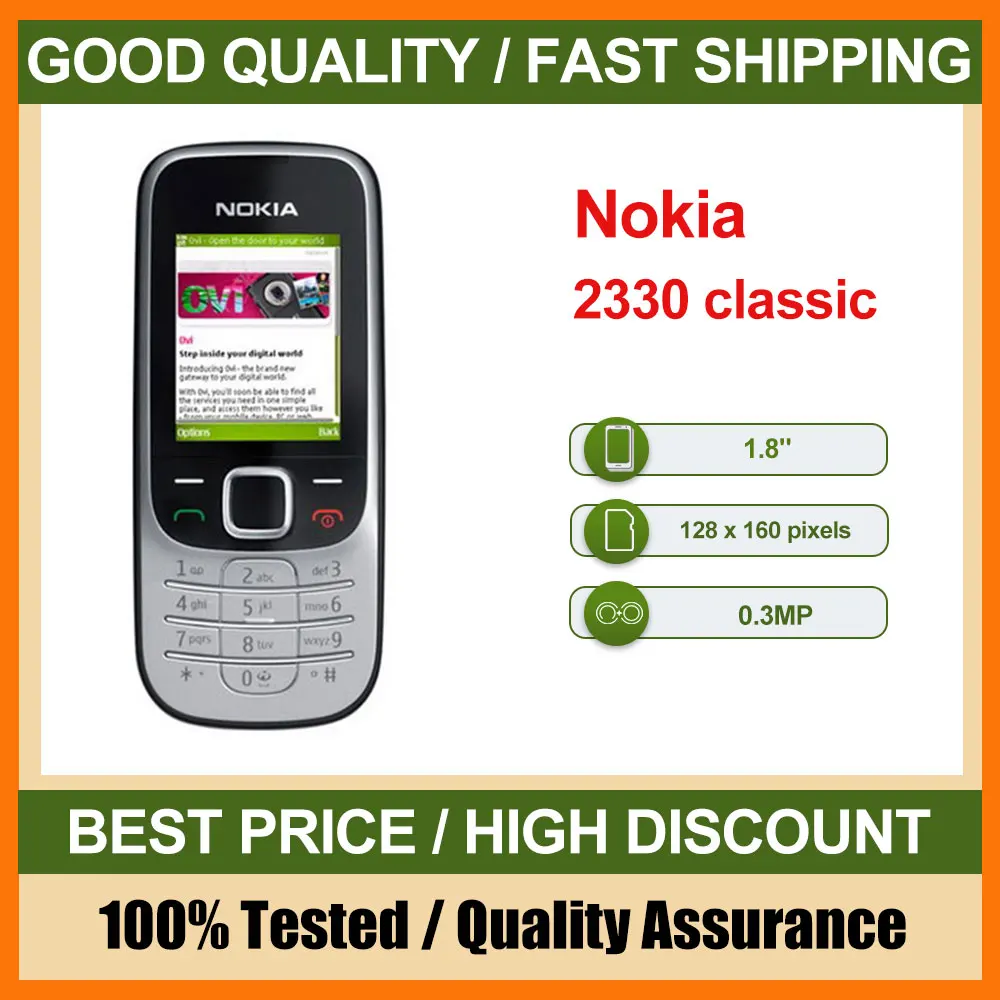 هاتف Nokia 2330 الكلاسيكي الأصلي المصنوع في فنلندا يدعم اللغة الإنجليزية بحالة جيدة فقط