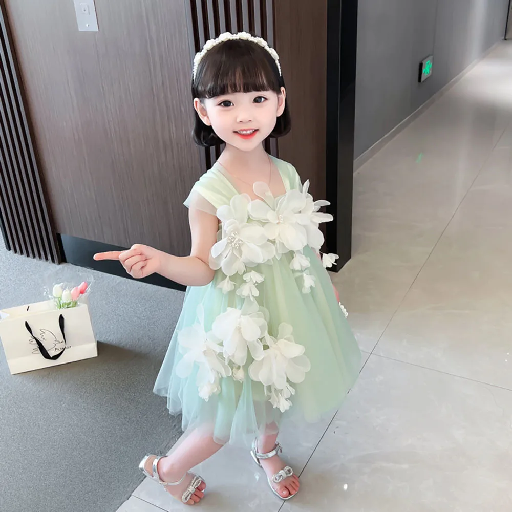 Sweet Light Green Flower Girl Cute Square Collar Sleeveless Flower Appliques Party Gown Casual Knee-Length A-Line Dress