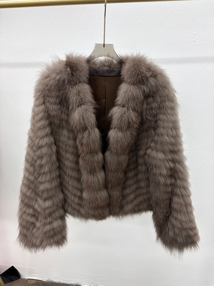 2026 New Women Autumn Winter Real Fox Fur Strip Sewed Toghter Woven Coats With Natural Fox Fur Female Jackets