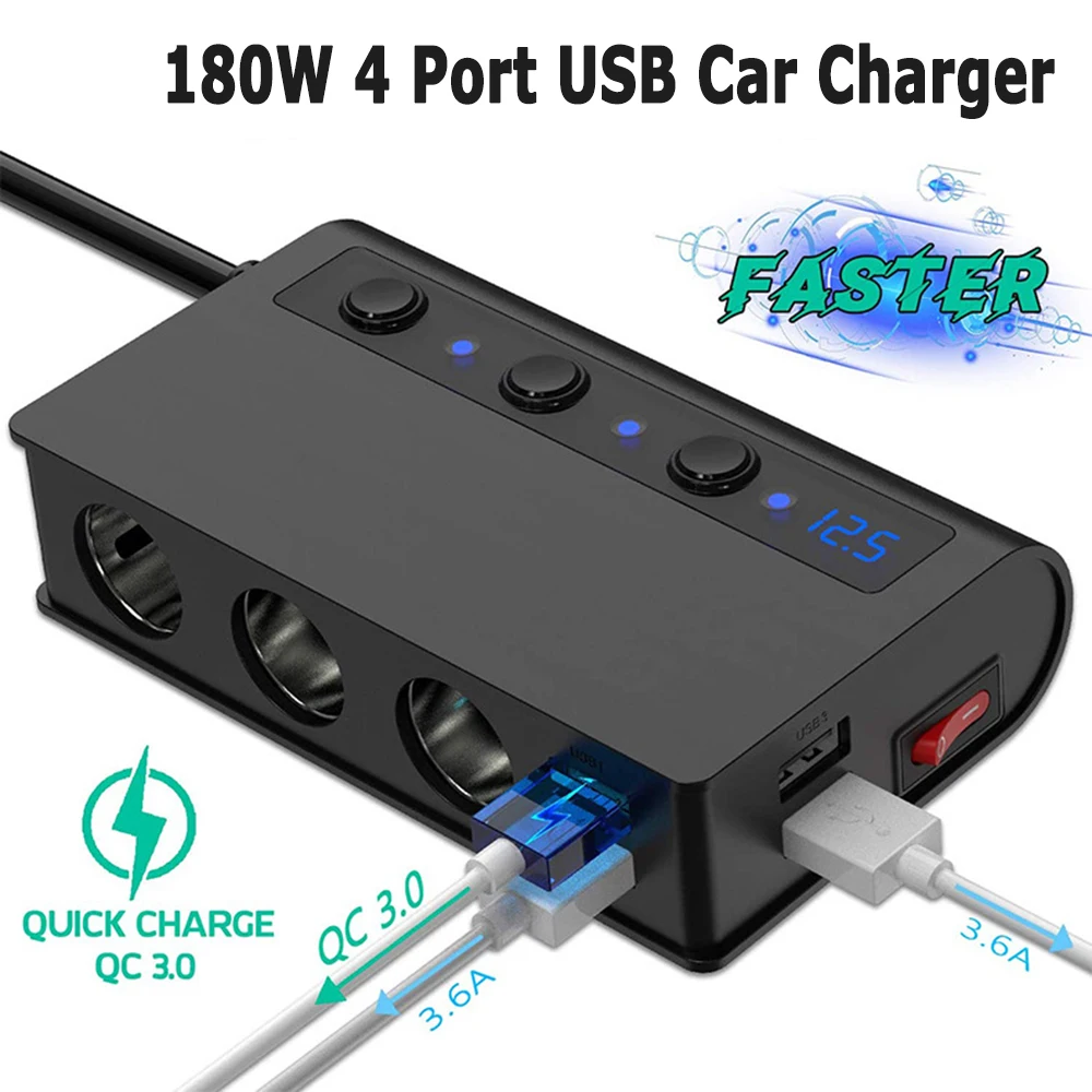 4 Ports USB Car Charger QC 3.0 Quick Charge 3-Socket Cigarette Lighter Splitter 12V/24V 180W Power Adapter Independent Switch