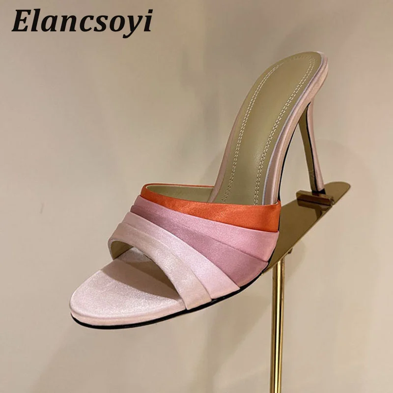 High Heel Slippers Women's Silk Satin Mixed Color Gradient Thin Heels Lazy Sandals Summer Slides Outdoor Fashion Sandalias