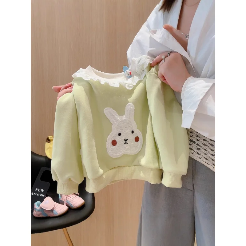 

Children's Clothing Girls2025New Spring and Autumn Cute Lace Cartoon Rabbit Lace Collar Sweatshirt Lace Pants Set Two-Piece Set