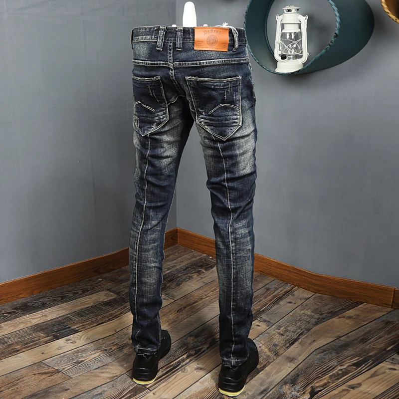 Street Fashion Men Jeans Retro Black Blue Stretch Slim Fit Ripped Jeans Men Spliced Vintage Designer Y2K Denim Pants Hombre