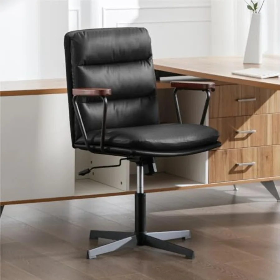Desk Chair No Wheels for Home Office, PU Leather with Wooden Armrests, Black, Ergonomic Design and Thick Cushion Comfort
