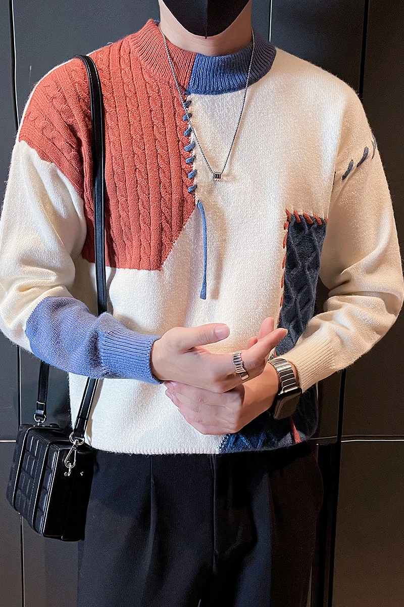 الخريف الشتاء تقسم سترة الرجال سليم صالح نصف عالية الرقبة طويلة الأكمام محبوك البلوزات الأعمال عادية تريكو قاعدة قميص #6