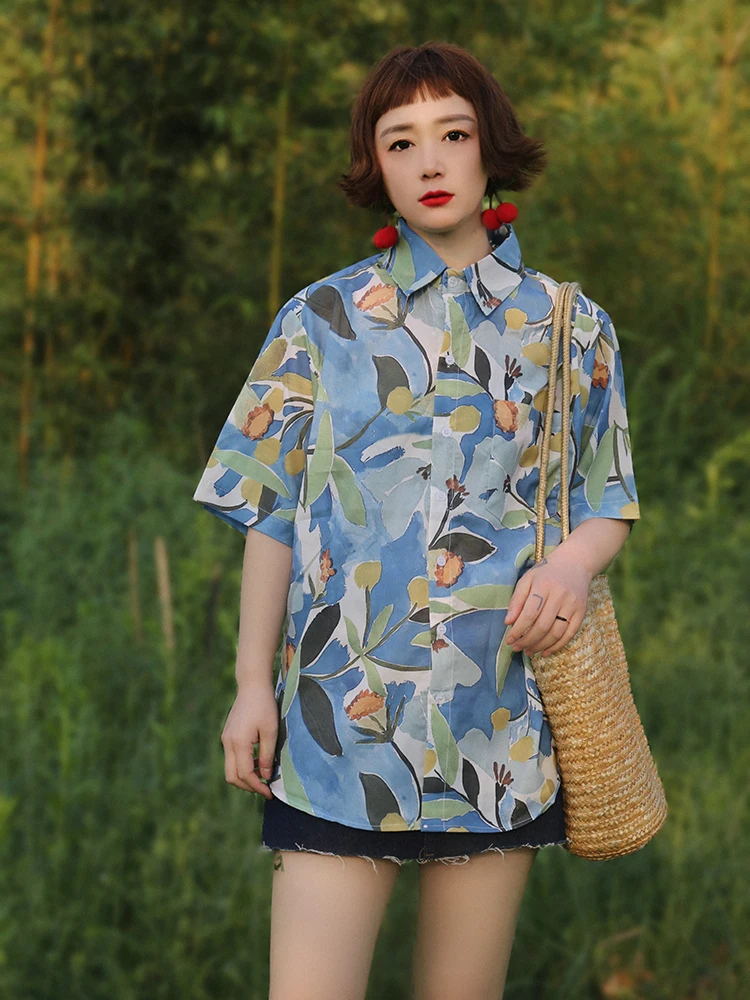 

Mr. Pasture Summer Vintage ort Sve Print Casual Faionable Hong Kong Sle Loose Fit irt Women's Commuter Polyester