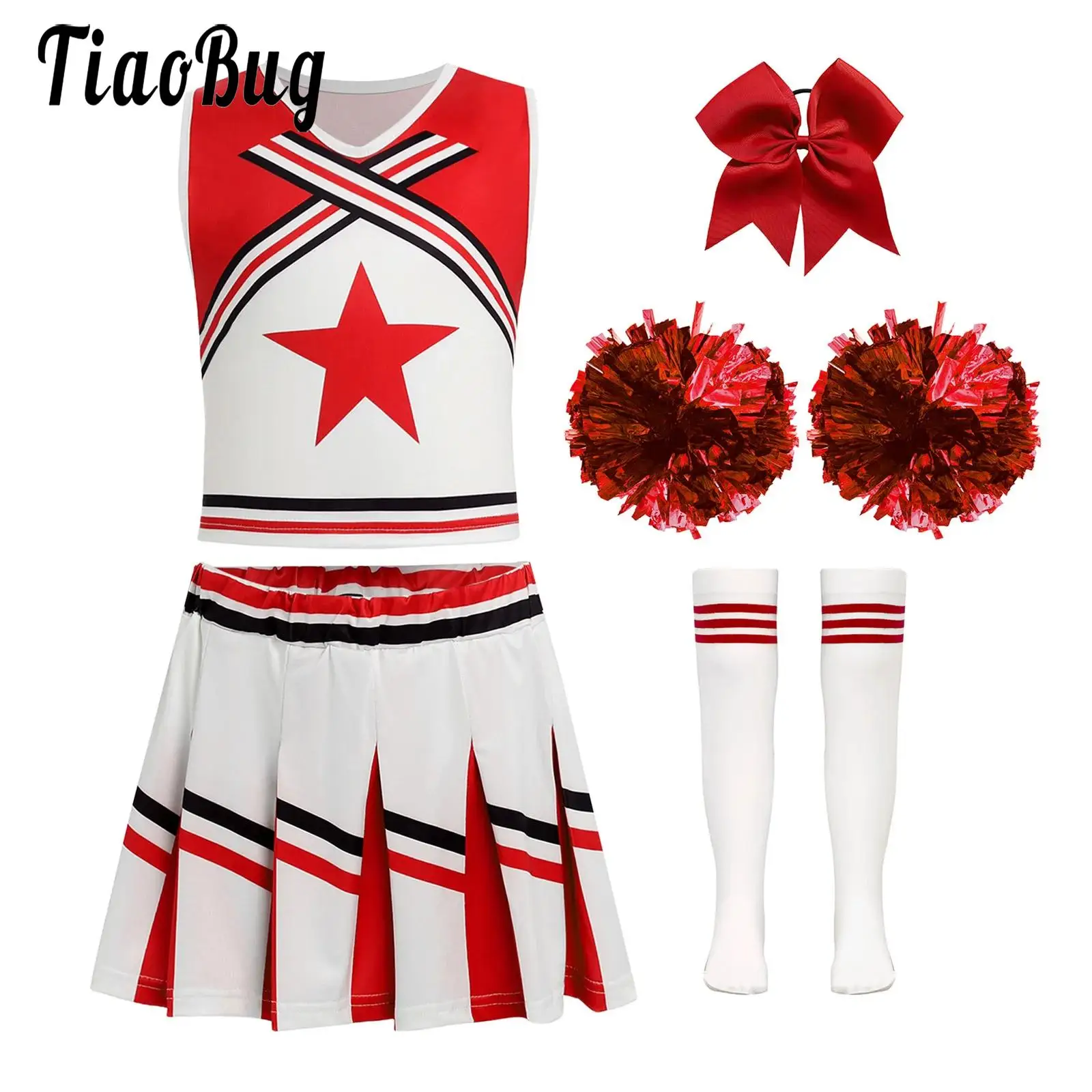 

Kids Girls Cheer Leader Outfit Cheerleader Schoolgirl Dance Costume Sleeveless Top with Skirt Hand Flowers Hair Tie Socks Set