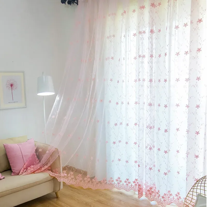 Pink Flower Embroidered Sheer Curtain French Vintage Voile Farmhouse Curtain for Bedroom Romantic Bay Window Drapes Grommet Top