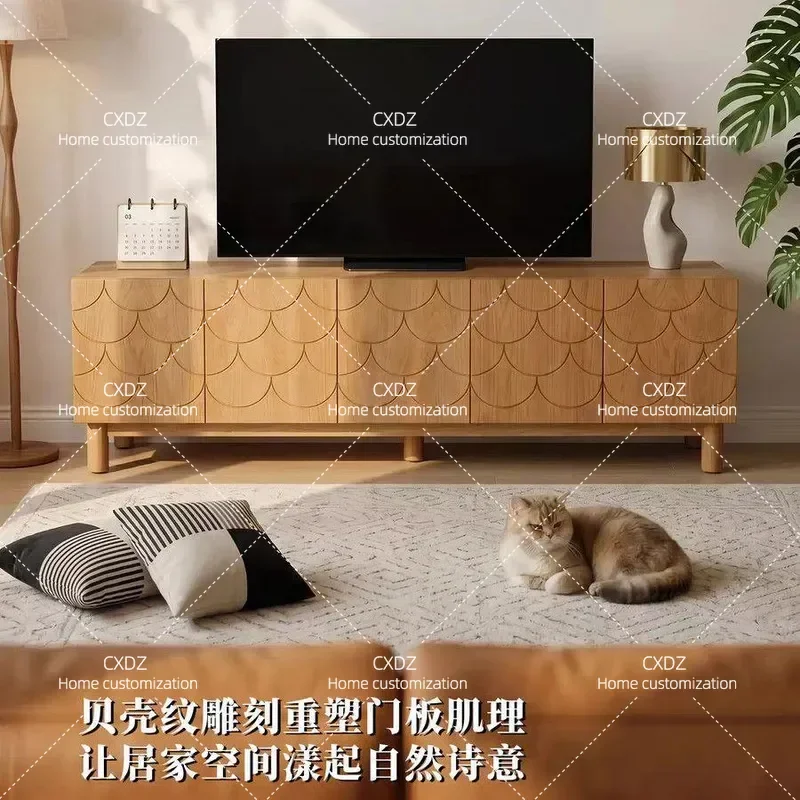 Nordic Fish Scale Pattern Solid Wood TV Cabinet Audio Visual Console Living Room Storage Unit Whole Shell Design Locker