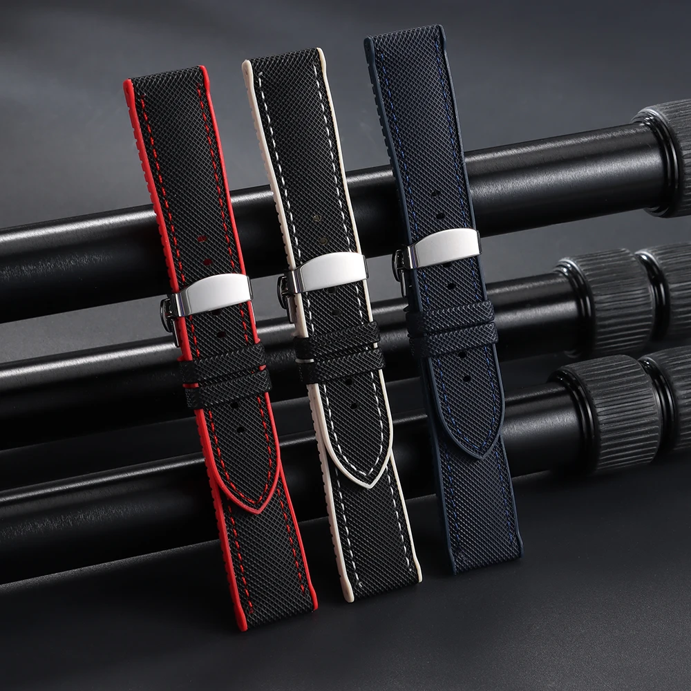 Nylon-Segeltuch-Gummi-Hybrid-Uhrenarmband 18/19/20/21/22/24mm für IWC, Tudor, Seiko, Omega mit Schmetterlingsverschluss – Detail 11