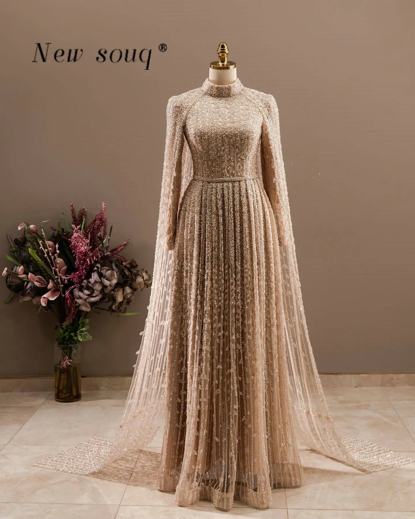 Champagne Beaded Shawl Yarn Muslim Evening Dresses Arabic A Line Formal Occasions Cloak Wedding Prom Party Gowns Customized