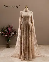 Champagne Beaded Shawl Yarn Muslim Evening Dresses Arabic A Line Formal Occasions Cloak Wedding Prom Party Gowns Customized