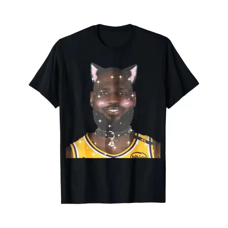 LeBron James Spoof Funny Cat Graphics 100%cotton Unisex Shirt 2026 Summer New O-neck Men's Y2k Short Sleeve Retro Fashion Tshirt