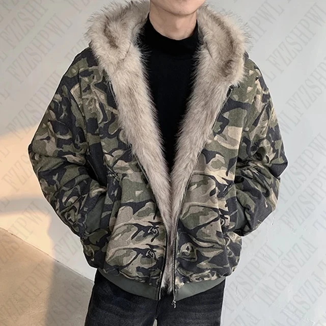 Fashion men's Camouflage Cotton-padded Coat Fur Hooded Zipper Loose Thick Warm Quilted Jacket Winter 2024 New Y2K Zip up Hoodie