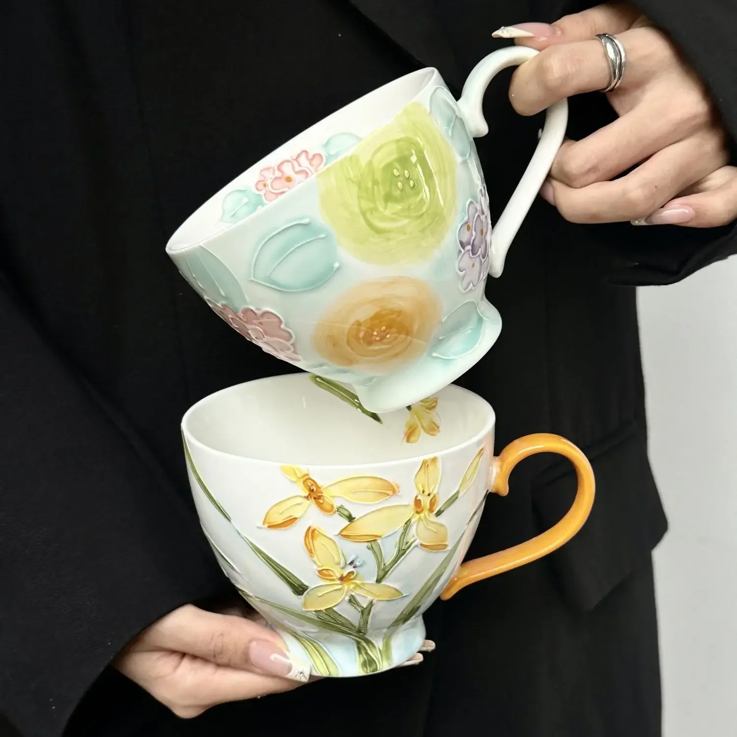 

Ручная роспись, креативная цветочная керамическая кружка, высококачественная подарочная кофейная чашка, домашняя чашка для завтрака, большая емкость, 480 мл