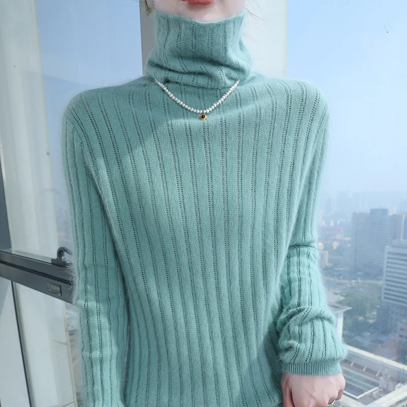 

High neck women's sweater new 100% pure mink cashmere sweater solid color base sweater knitted pullover sweater long sleeved top